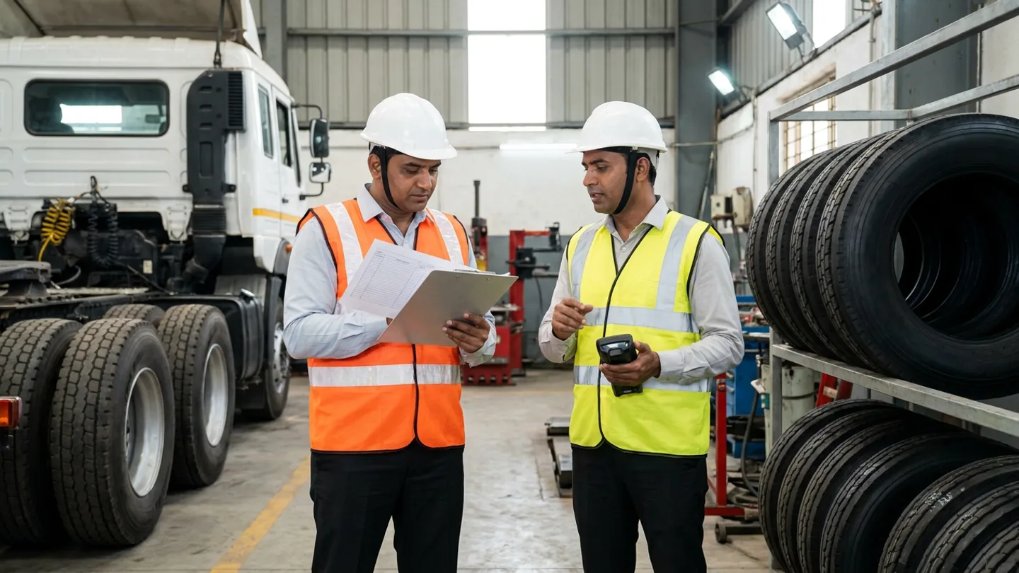 Two fleet tyre maintenance specialists in white hard hats and orange and yellow reflective vests holding a ruled clipboard and a black handheld scanner between the dual rear drive wheels of a white freight tractor truck and a steel rack of radial truck tyres.