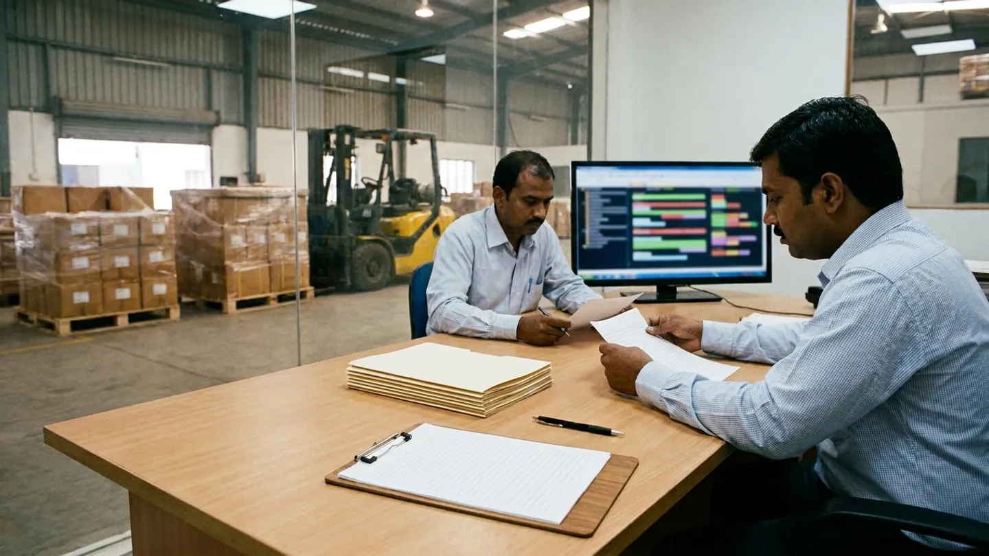 Two freight-forwarding staff sitting at a wooden table in a glass-partitioned office reviewing blank ruled sheets beside stacked folders, a blank ruled clipboard, and an out-of-focus monitor, with wrapped carton pallets and a yellow forklift behind them.
