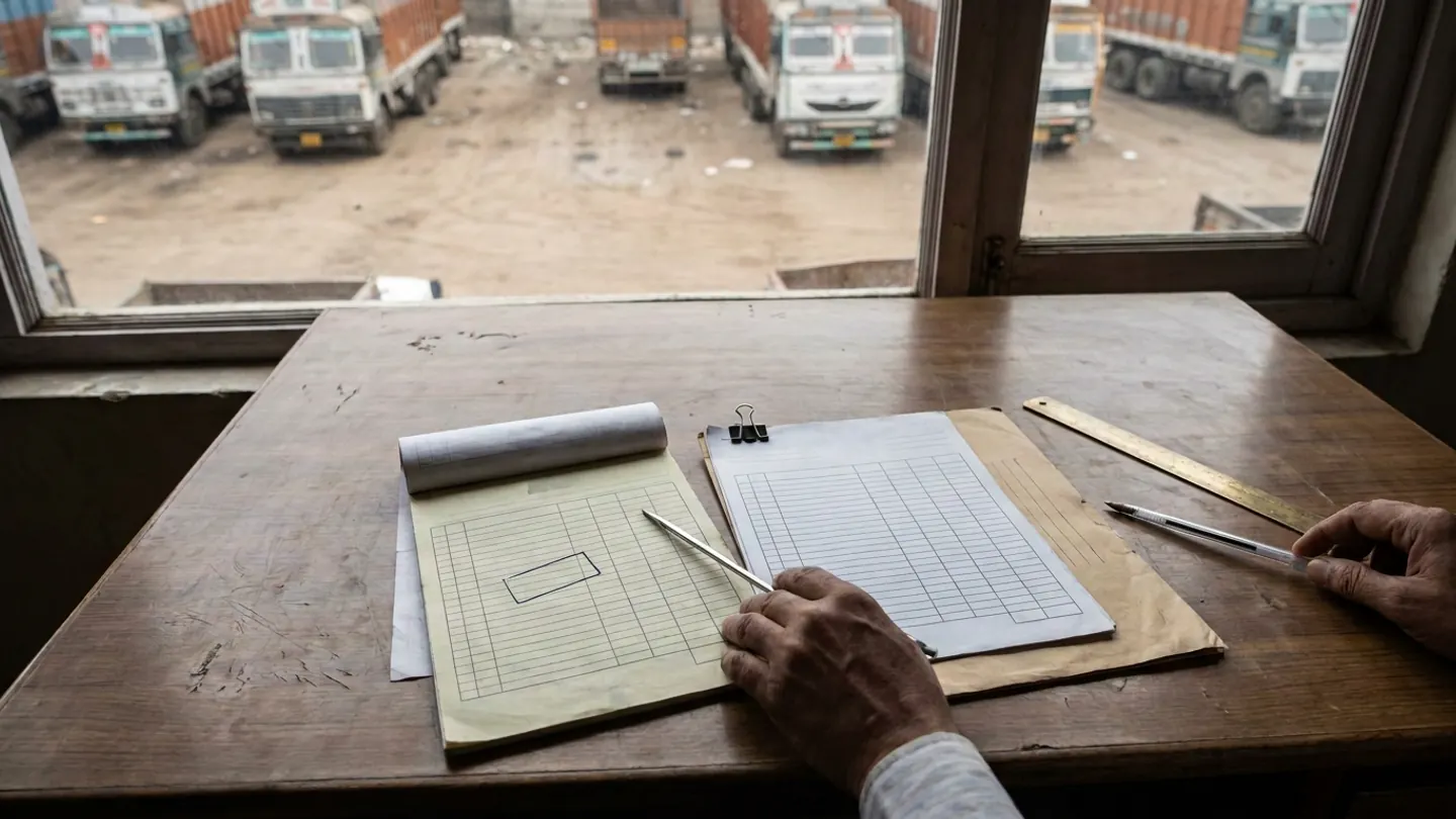 Freight auditor at a wooden transport office desk overlooking parked highway trucks, comparing a yellow carbon-copy consignment receipt pad against a clipped delivery sheet with a brass ruler and metal pointer.