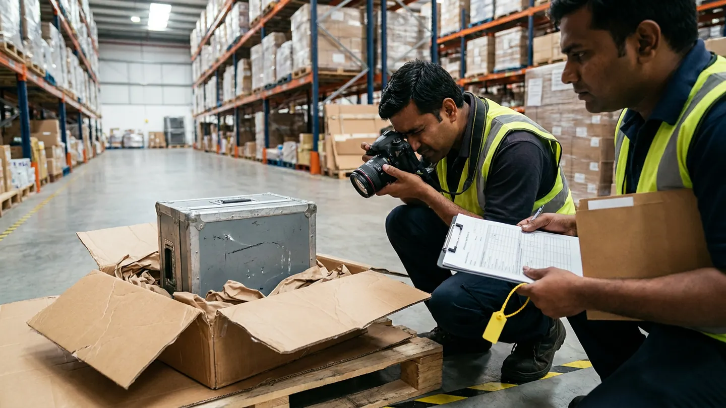 Two warehouse quality inspectors in high-visibility vests documenting a dented metal equipment case inside an opened shipping carton on a wooden pallet using a DSLR camera, inspection clipboard, and yellow quarantine tag.