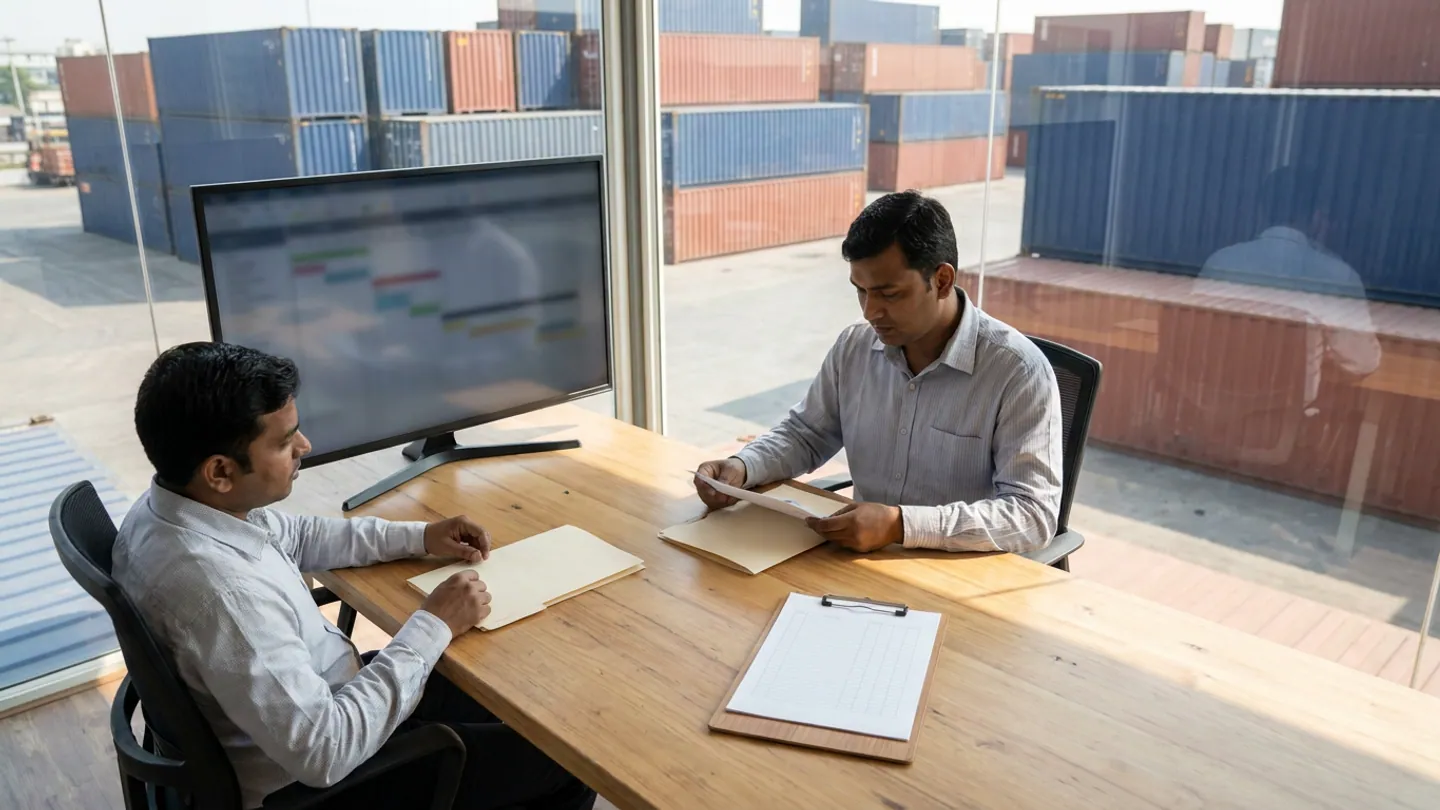 Two freight-forwarding staff sitting at a wooden table in a glass-walled office reviewing plain folders and a blank ruled clipboard beside an out-of-focus monitor, with stacked blue and terracotta shipping containers in the yard outside.