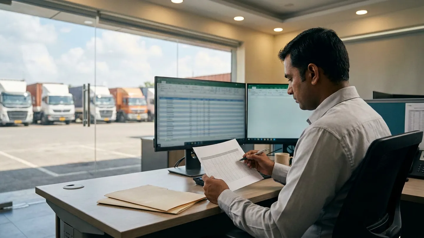 Freight analyst at a logistics hub desk holding a pen over a plain ruled grid sheet beside a dual-monitor workstation, with commercial trucks parked outside the window.