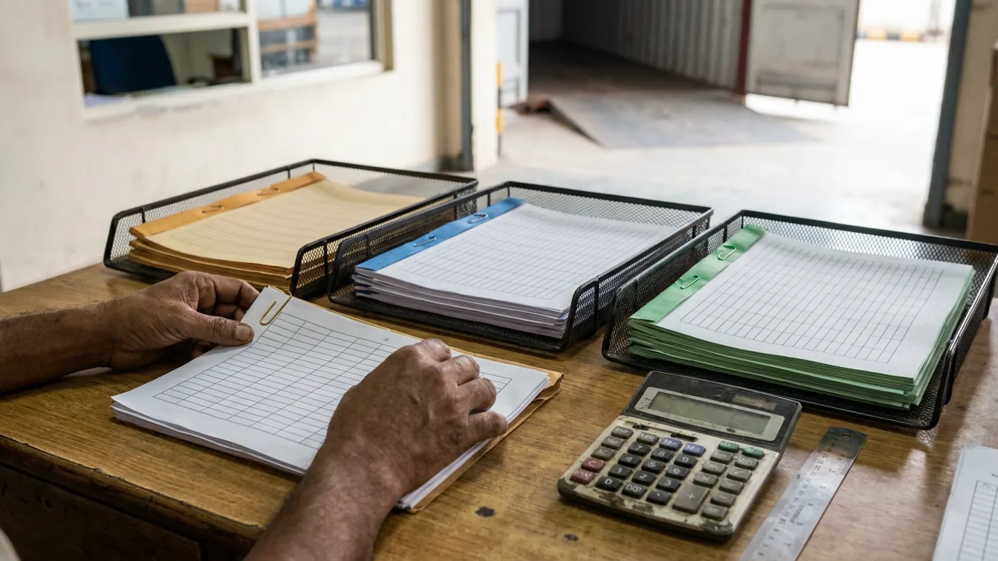 Transport operations supervisor clipping a matched carrier voucher packet beside three wire-mesh exception trays holding colour-tagged delivery proof bundles, a desk calculator and a steel ruler.