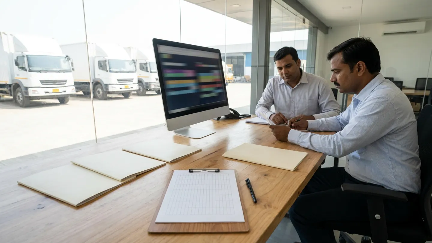 Two freight procurement staff sitting at a wooden conference table beside four plain cream folders, a blank ruled clipboard, a pen, and an out-of-focus monitor, with three white box trucks parked outside the window.