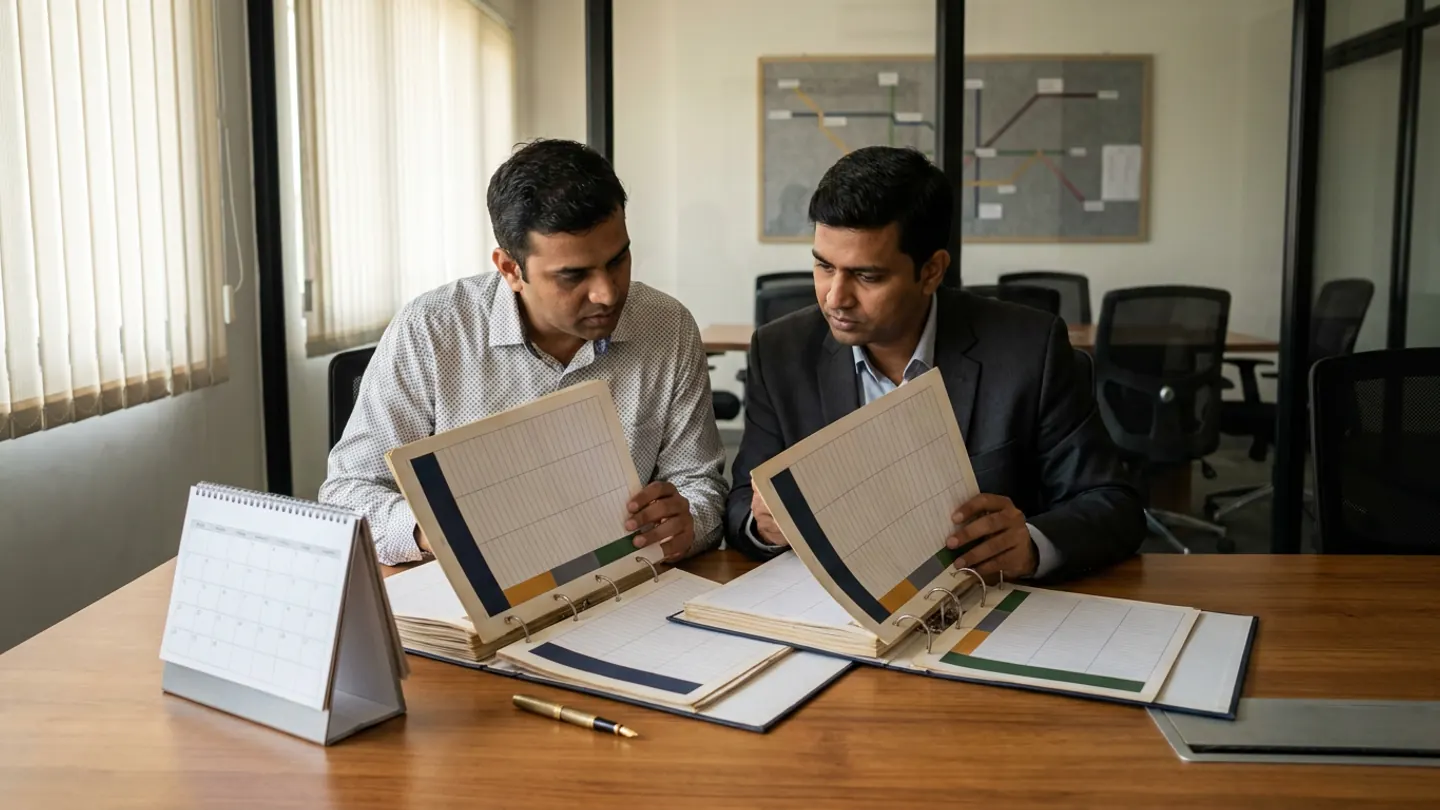 Two commercial freight managers at a conference table comparing two open ring-binder tariff schedules with colour-coded lane bands beside a desk calendar stand and fountain pen.