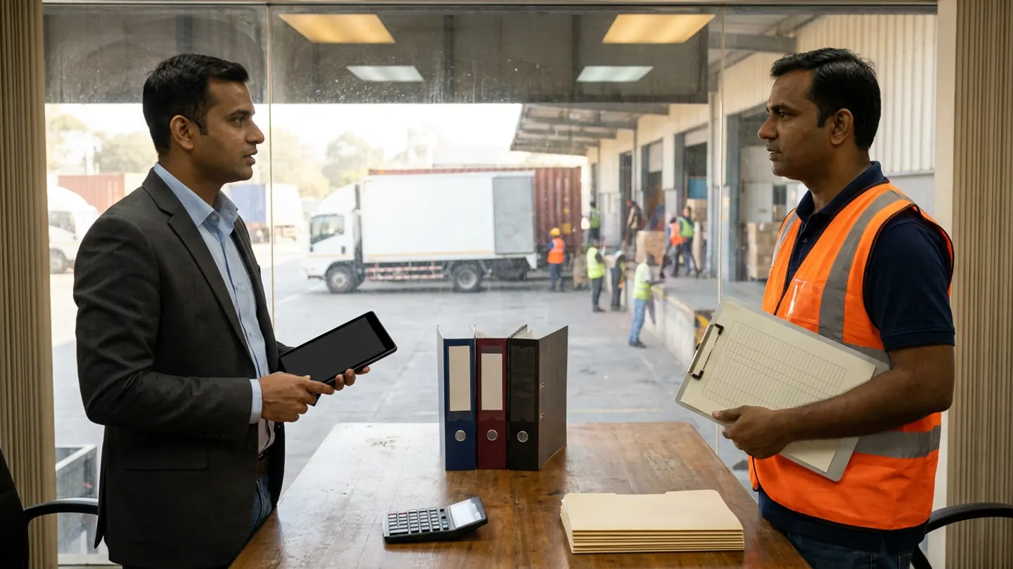 Two logistics procurement and freight-audit leads in a charcoal blazer and an orange reflective vest holding a black digital tablet and a ruled clipboard beside a wooden table with navy, burgundy, and charcoal binders, a black calculator, and a stack of tan folders overlooking a white commercial box truck and loading bays.