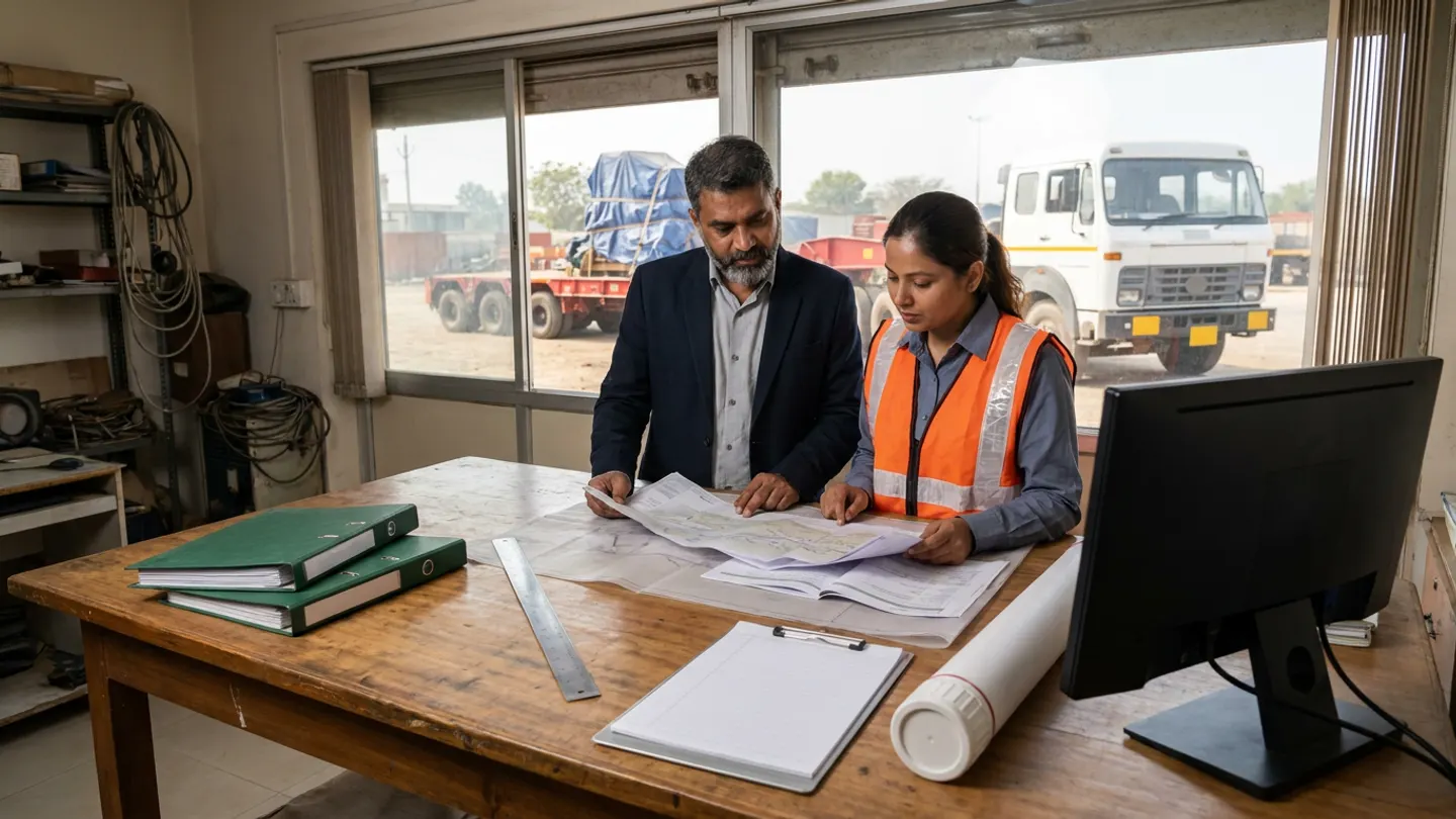Two heavy-transport planning specialists at a wooden engineering table reviewing route plans beside two green binders, a steel ruler, a blank ruled clipboard, a white drawing tube and an angled monitor overlooking a white tractor truck and blue-tarped low-bed trailer.