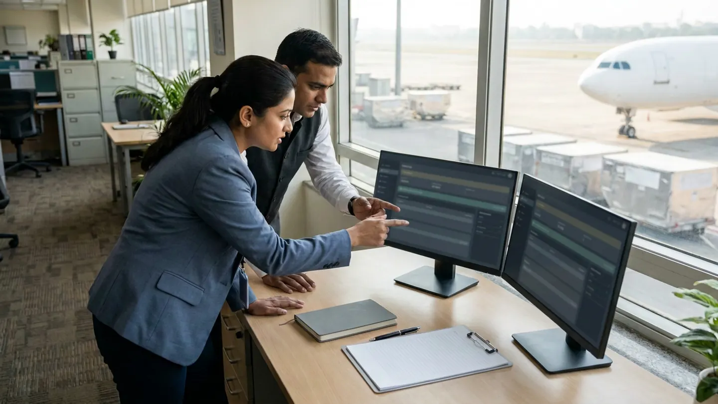Two air-cargo specialists at a wooden desk pointing at two desktop monitors with blurred interfaces beside a grey notebook and blank ruled clipboard, overlooking an airport apron with silver ULD containers and a cargo aircraft nose.