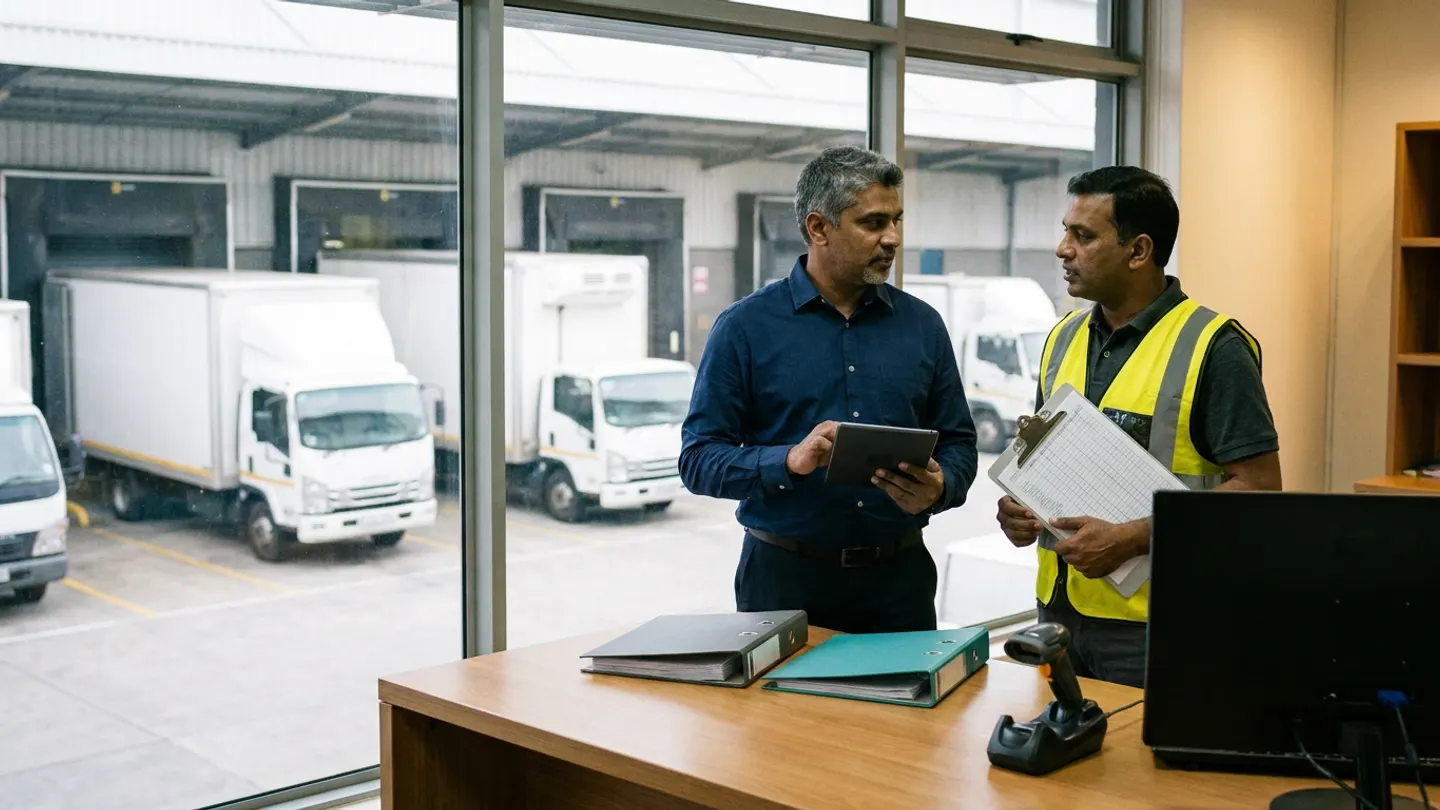 Two logistics integration and operations support leads in a navy shirt and a yellow reflective vest holding a black digital tablet and a ruled clipboard beside a wooden desk with charcoal and teal binders, a black handheld scanner in its dock, and an angled black monitor overlooking white commercial box trucks at loading bays.