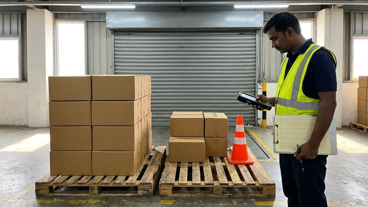 Receiving coordinator holding a barcode terminal and a blank ruled clipboard beside one fully stacked pallet of unwrapped cartons and a partially stacked pallet with an orange cone at a warehouse loading bay.