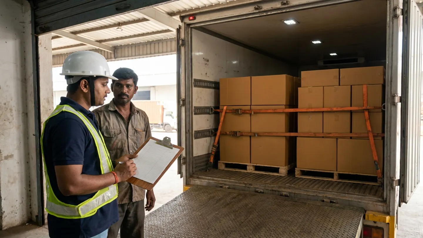 Loading supervisor in a white hard hat and yellow reflective vest holding a blank ruled clipboard beside a dock worker at a loading dock ramp looking into the rear of a commercial box truck containing palletized brown cartons secured with orange cargo straps.