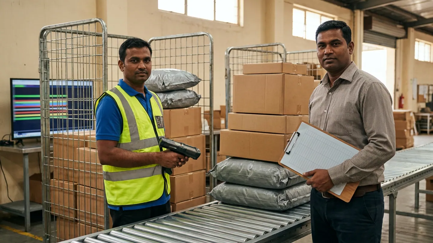 Two parcel hub staff standing beside a steel roller conveyor and wire-mesh roll cages holding brown cartons and grey woven sacks, one in a yellow reflective vest holding a handheld barcode scanner and the other holding a blank ruled clipboard.