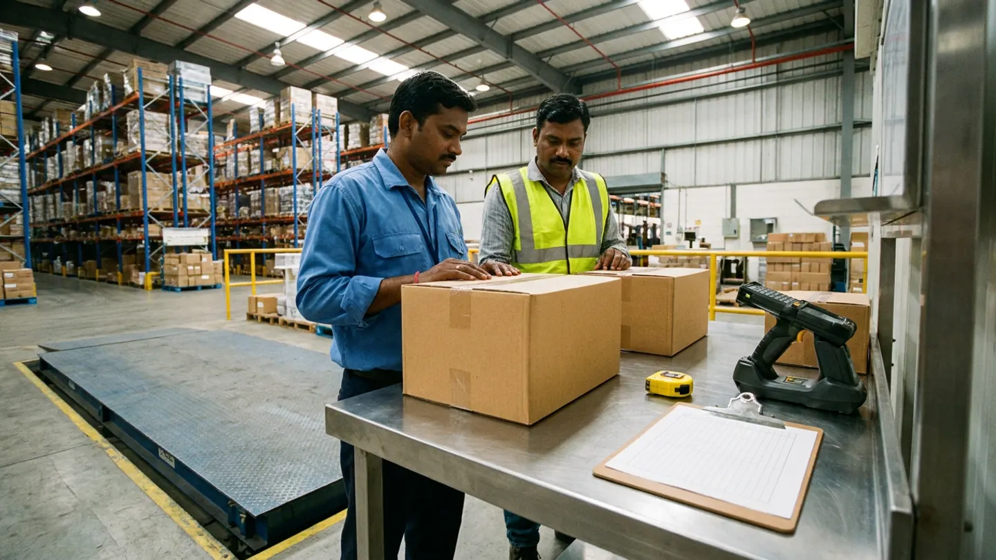 Two warehouse staff (one in a yellow reflective vest) inspecting two plain brown corrugated cartons on a stainless-steel bench beside a yellow tape measure, a barcode scanner in its cradle, a blank ruled clipboard, and a floor pallet scale.