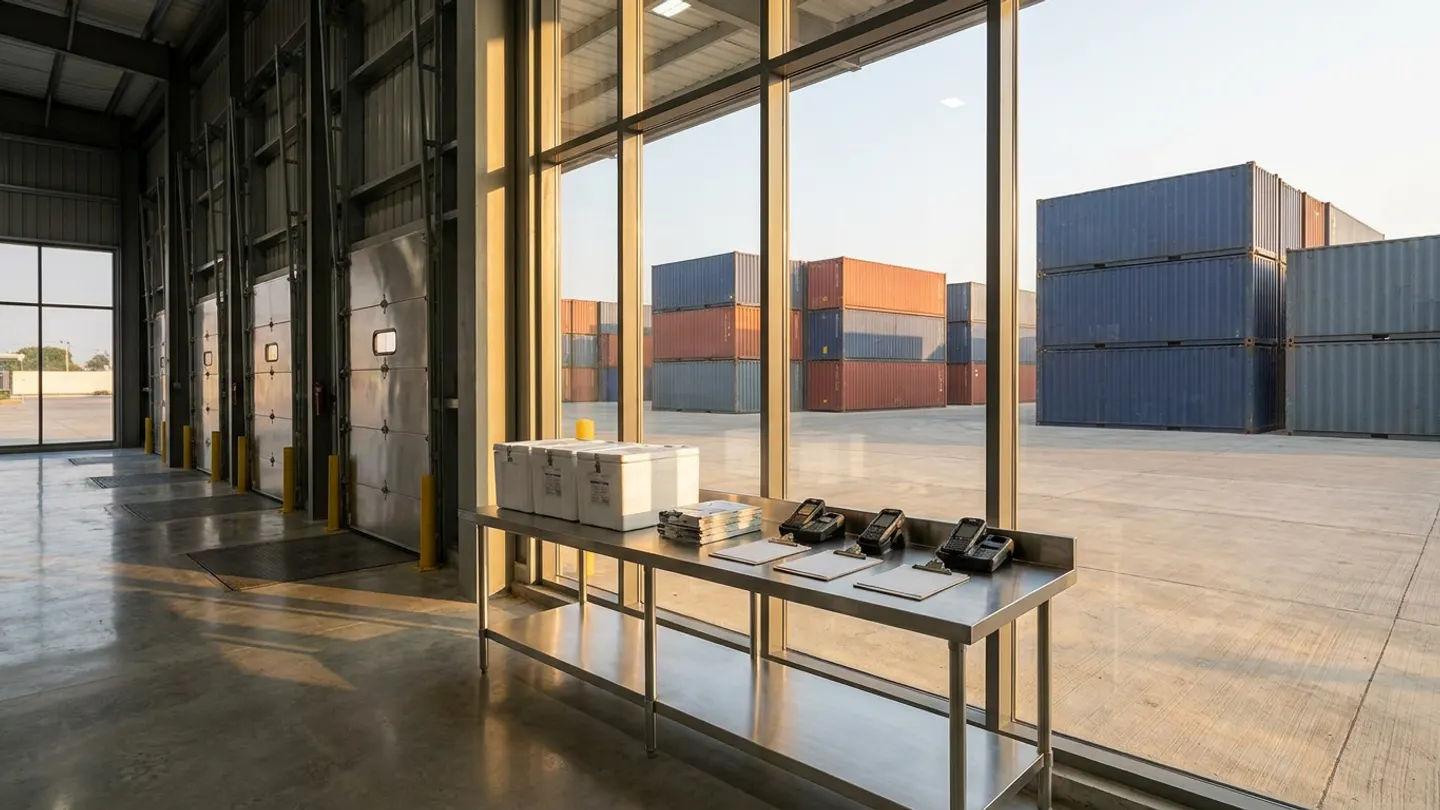 Warehouse staging bench with handheld devices and an insulated box overlooking a container yard in late-afternoon sunlight.
