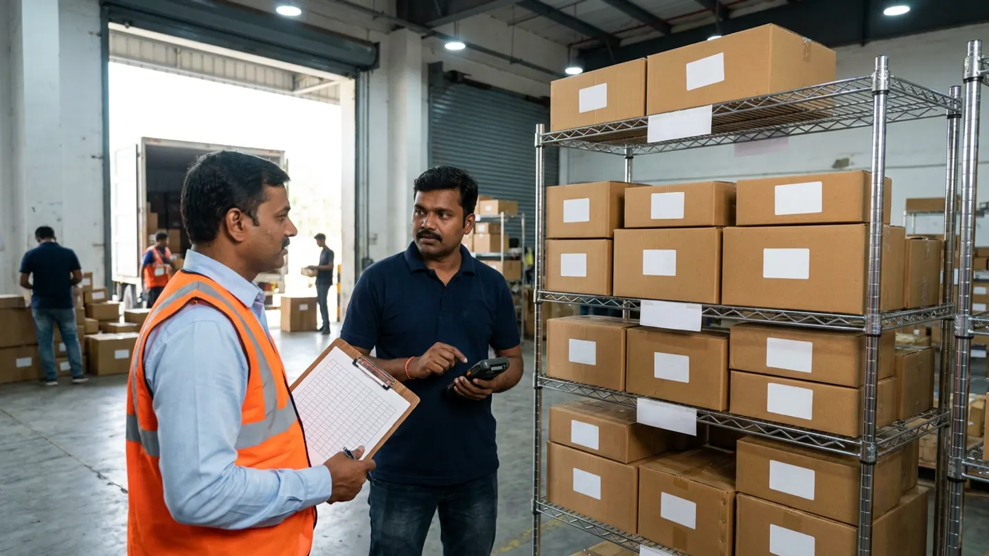 Two hub staff conferring beside a multi-tier chrome wire shelving rack of brown parcel cartons with blank white labels, one wearing an orange reflective vest and holding a blank ruled clipboard while the other in a navy polo shirt holds a handheld terminal.