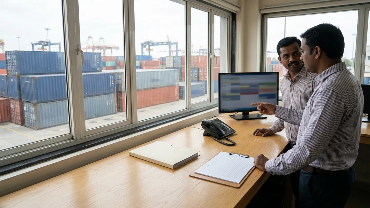 Two ocean-freight planners standing at a wooden desk with a landline telephone, a closed folder, and a blank ruled clipboard beside an out-of-focus monitor, overlooking a container yard with gantry cranes in the distance.