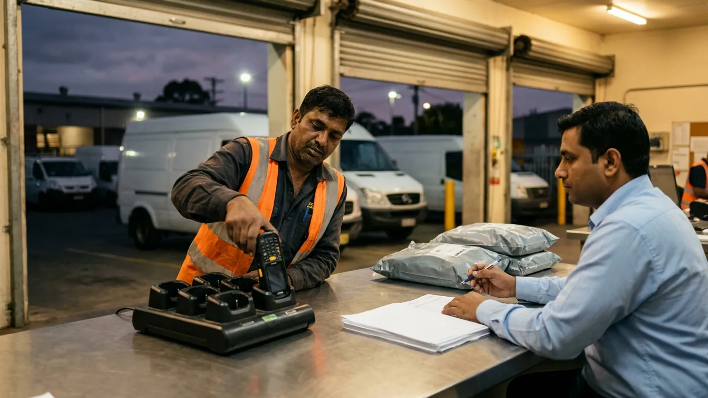 Warehouse dispatch clerk placing rugged handheld mobile terminals into a multi-bay charging and sync cradle beside a laptop and printed delivery manifest.