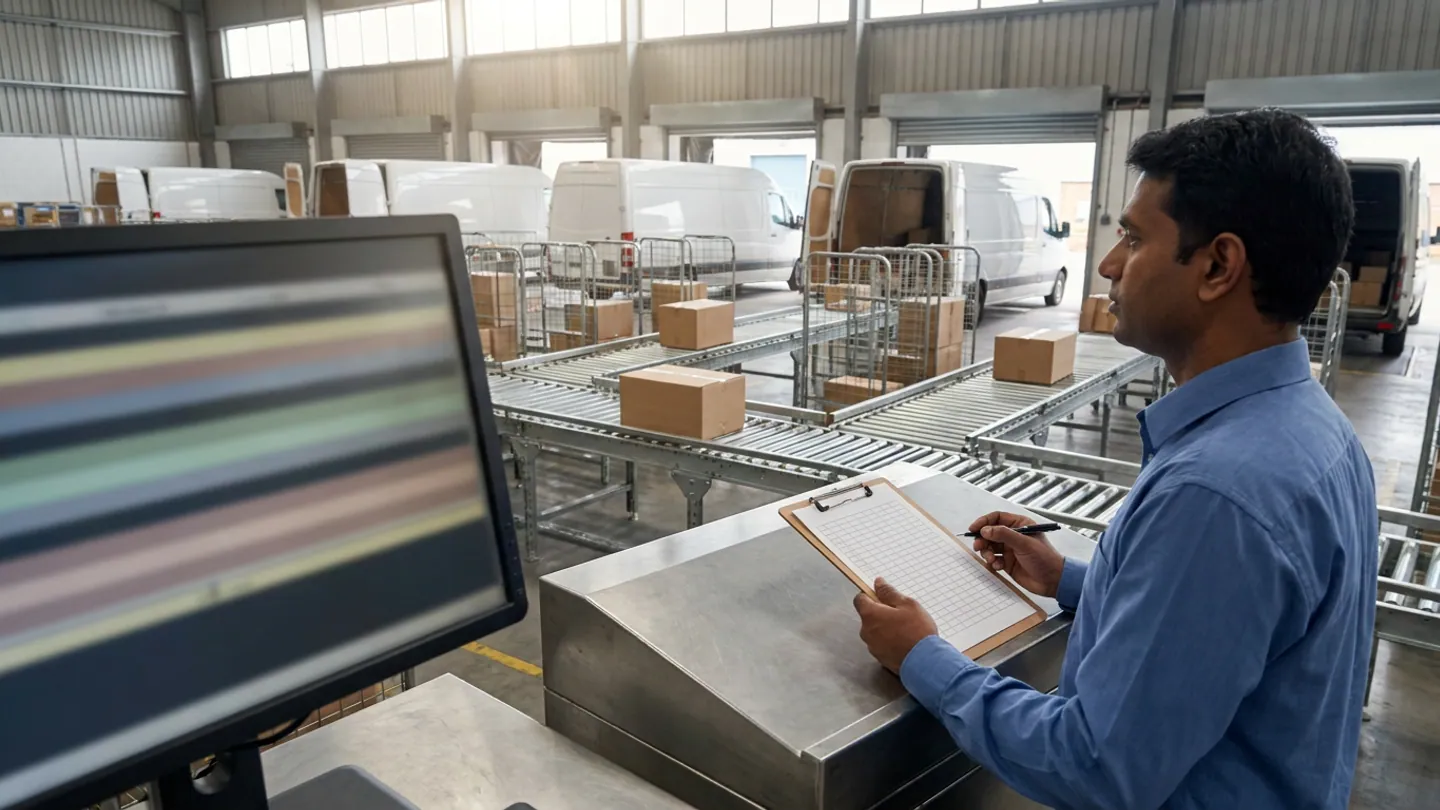 Transport planner standing at a stainless-steel dispatch podium holding a pen and a blank ruled clipboard beside an out-of-focus monitor, overlooking roller conveyor spurs with brown cartons, roll cages, and white delivery vans at loading bays.