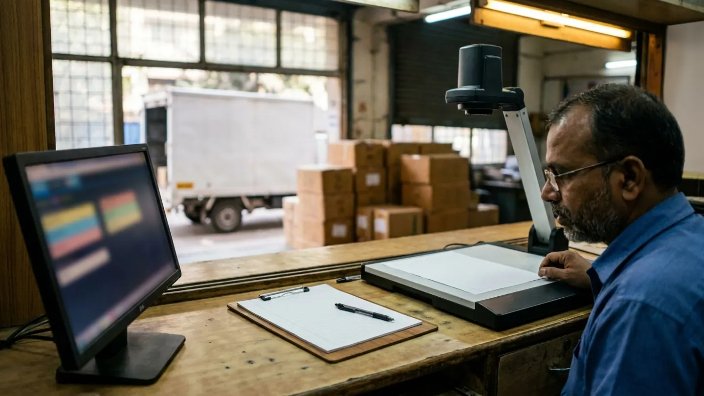 Transport verification specialist seated at a wooden counter operating an overhead document camera stand above a blank ruled sheet beside a blank ruled clipboard, a pen, and an out-of-focus monitor, with a white box truck and stacked brown cartons visible through the window.