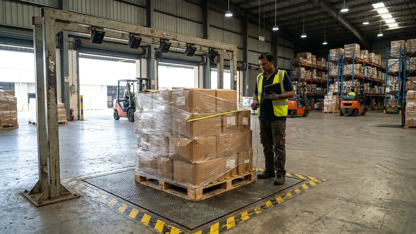 Warehouse freight supervisor in a safety vest measuring a shrink-wrapped pallet of cartons with a tape measure on a floor platform scale beneath an overhead steel frame.