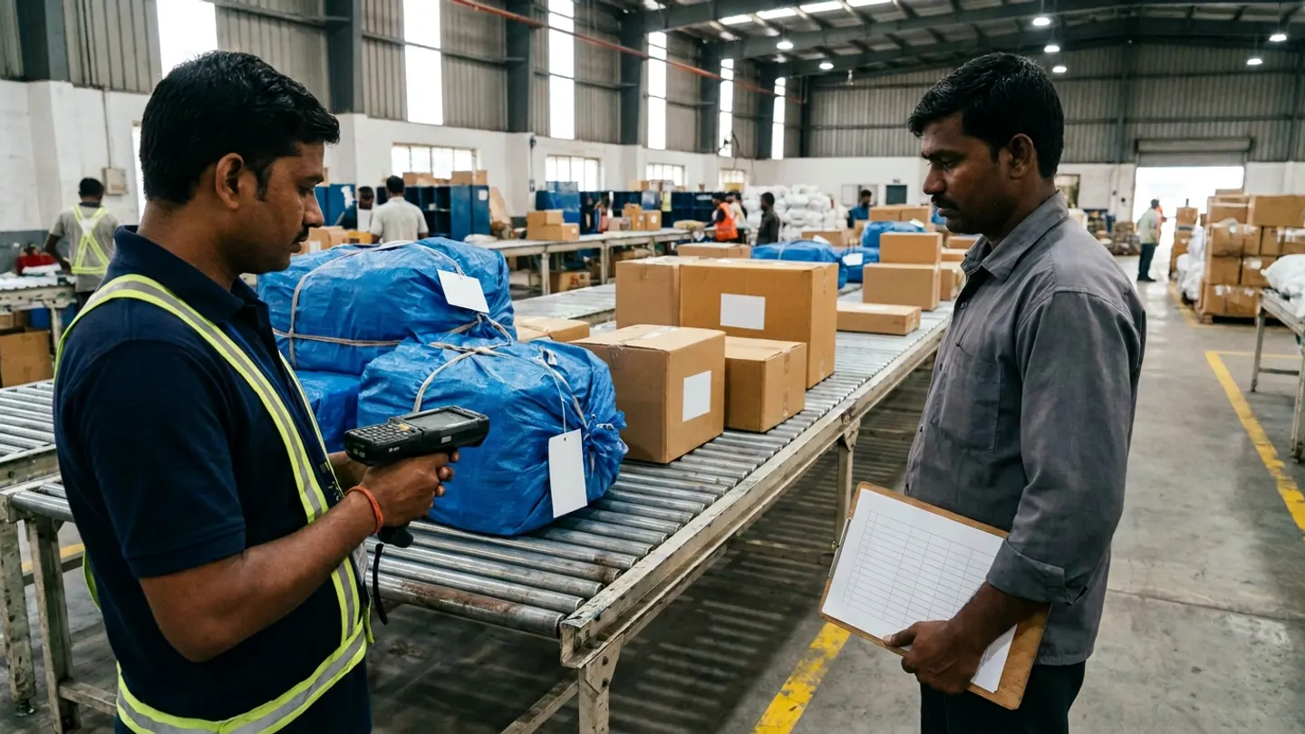 Two warehouse staff standing on either side of a steel roller conveyor holding tied blue woven consolidation sacks with blank white tags and brown cartons, one holding a handheld barcode terminal and the other holding a blank ruled clipboard.