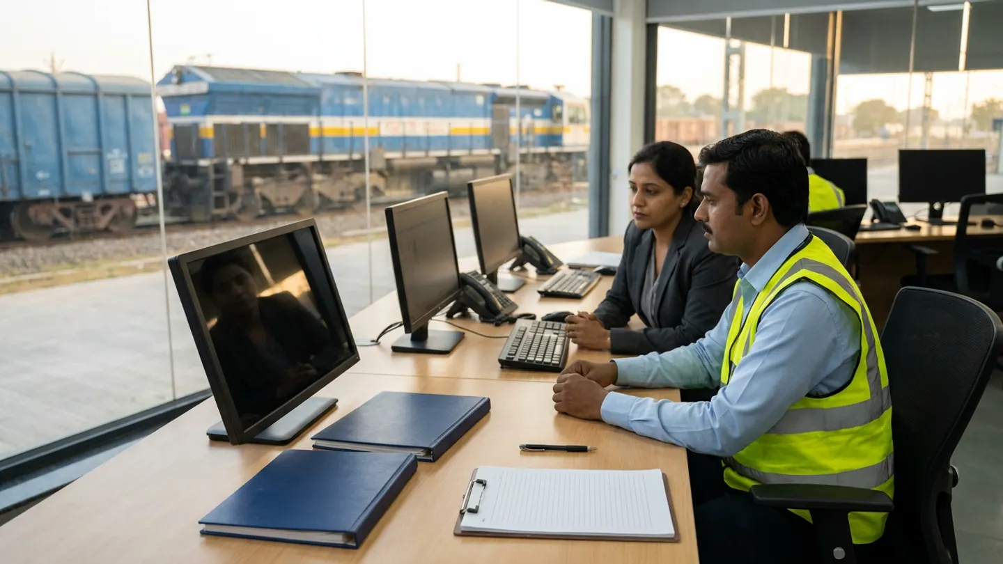 Two rail-freight documentation staff at a wooden dispatch desk with three angled desktop monitors, two navy binders and a blank ruled clipboard beside a window overlooking a blue-and-yellow diesel locomotive and blue freight car.