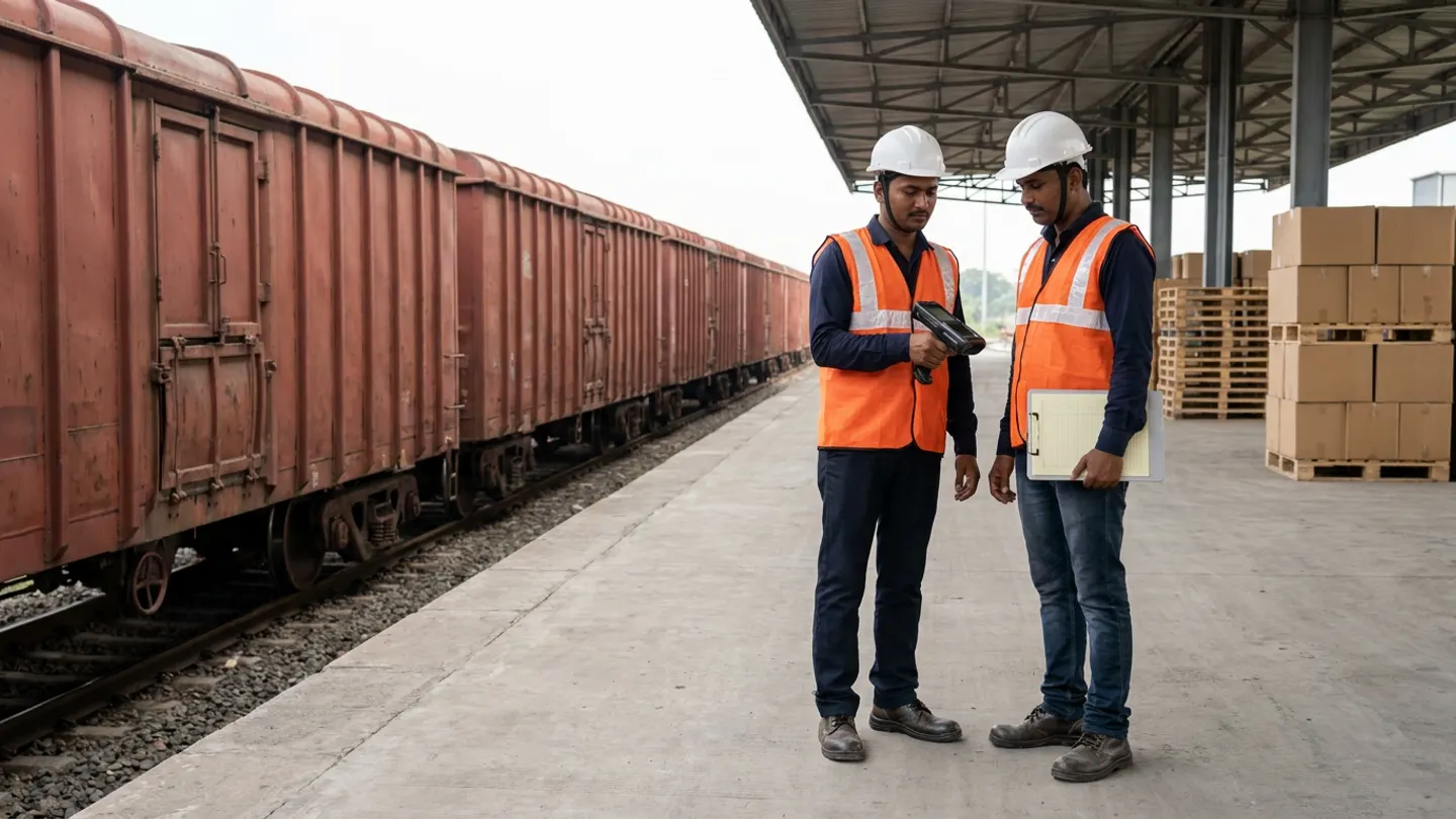 Two rail-logistics coordinators in white hard hats and orange reflective vests holding a handheld barcode terminal and a blank ruled clipboard on a covered concrete siding platform beside rust-red freight wagons and stacked pallets of brown cartons.