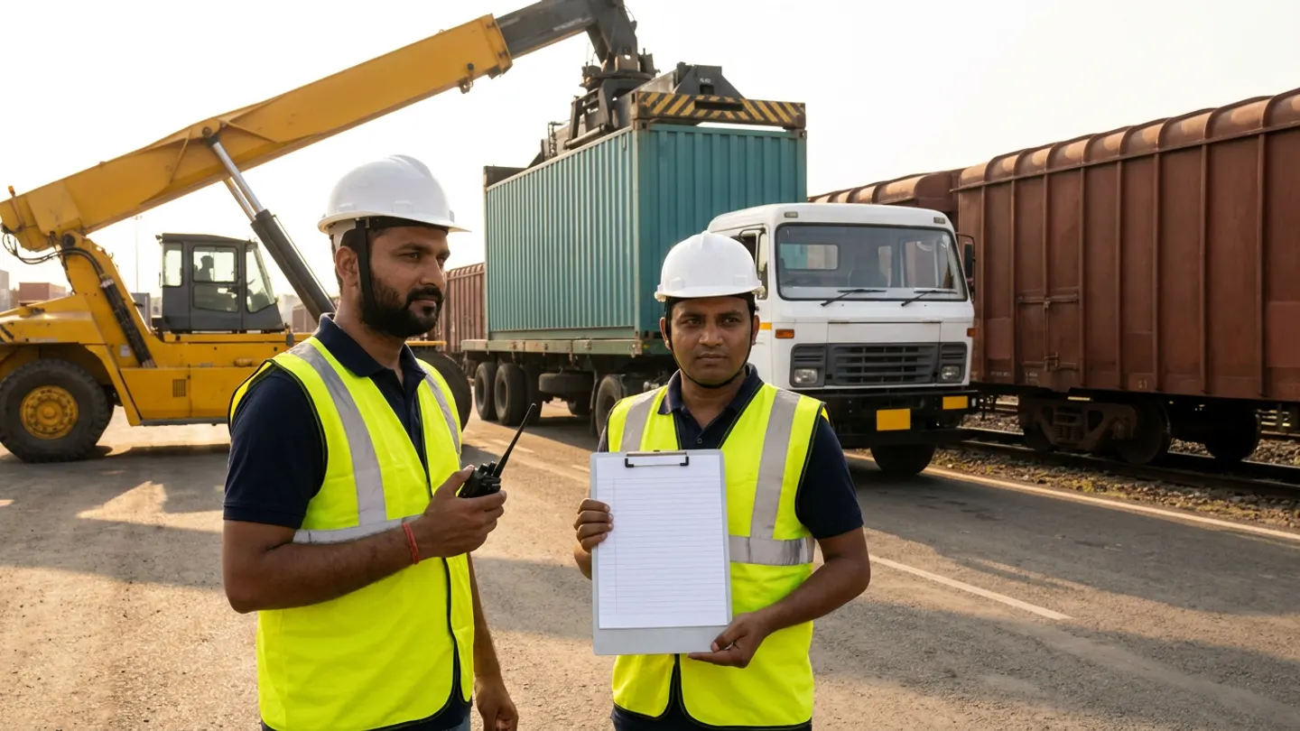 Two intermodal handoff coordinators in white hard hats and yellow reflective vests holding a walkie-talkie radio and a blank ruled clipboard in front of a yellow reach-stacker positioning a teal container onto a truck trailer beside a brown railcar.