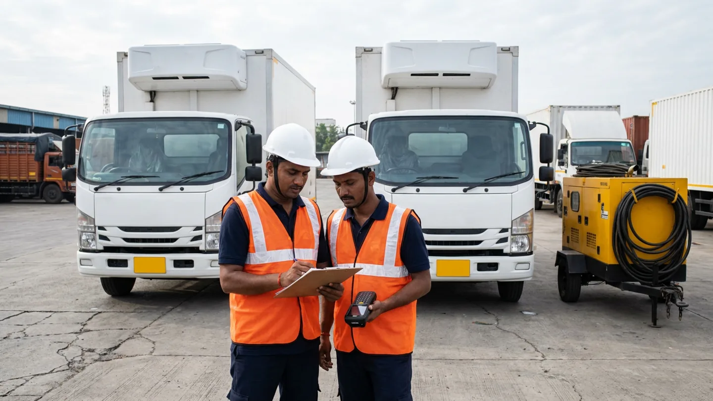Two refrigerated-transport coordinators in white hard hats and orange reflective vests holding a ruled clipboard and a black rugged keypad terminal in front of two white refrigerated box trucks and a yellow mobile diesel generator trailer with coiled black power cables.