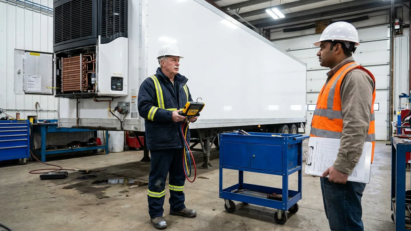 Two refrigeration fleet maintenance staff in white hard hats, a dark-navy insulated jacket, and an orange reflective vest holding a digital manifold pressure gauge set with red, yellow, and blue hoses and a ruled clipboard beside a white refrigerated trailer with open nose-unit access doors and a blue rolling tool cart.