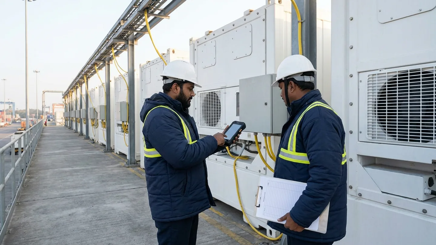 Two cold-chain operations specialists in white hard hats and dark-navy thermal jackets with yellow reflective stripes on an elevated walkway beside white refrigerated containers connected by yellow power cables, holding a rugged handheld terminal and a ruled clipboard.