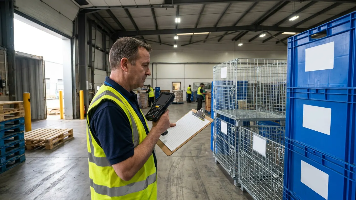 Inventory coordinator in a navy polo shirt and yellow reflective vest holding a barcode terminal and a blank ruled clipboard beside stacked blue plastic returnable crates, galvanized wire mesh cages, and wooden pallets near an open warehouse bay door.