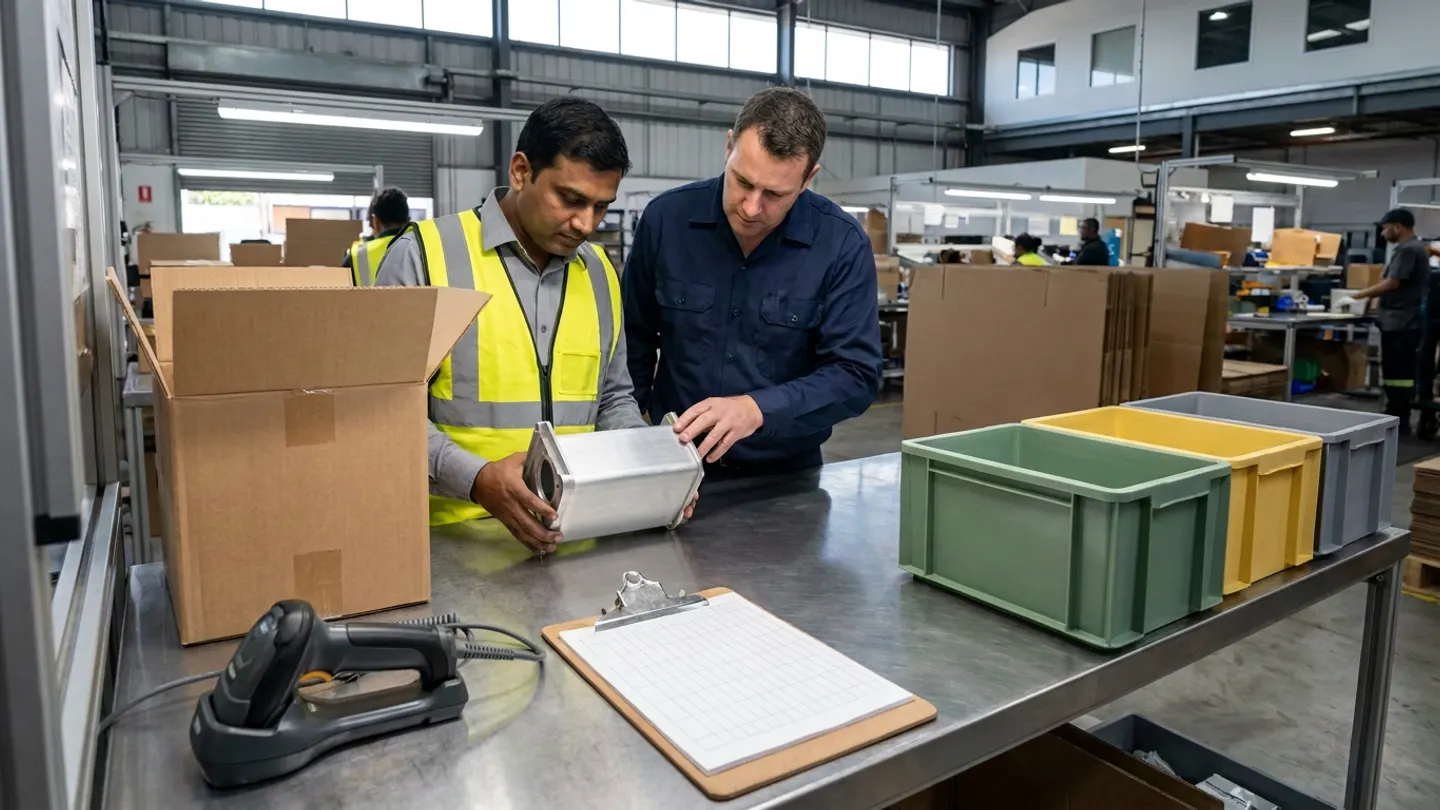 Two warehouse staff at a stainless-steel inspection bench examining a brushed-aluminium mechanical housing beside an opened brown box, a corded barcode scanner in its cradle, a blank ruled clipboard, and green, yellow, and grey plastic disposition totes.