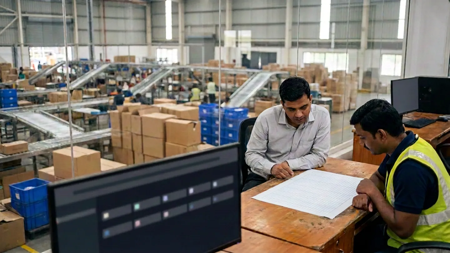 Two operations staff sitting at a wooden desk in a glass-walled office reviewing a blank ruled worksheet beside an angled monitor showing abstract status blocks, with roller conveyors, brown cartons, and blue plastic totes in the returns area behind them.