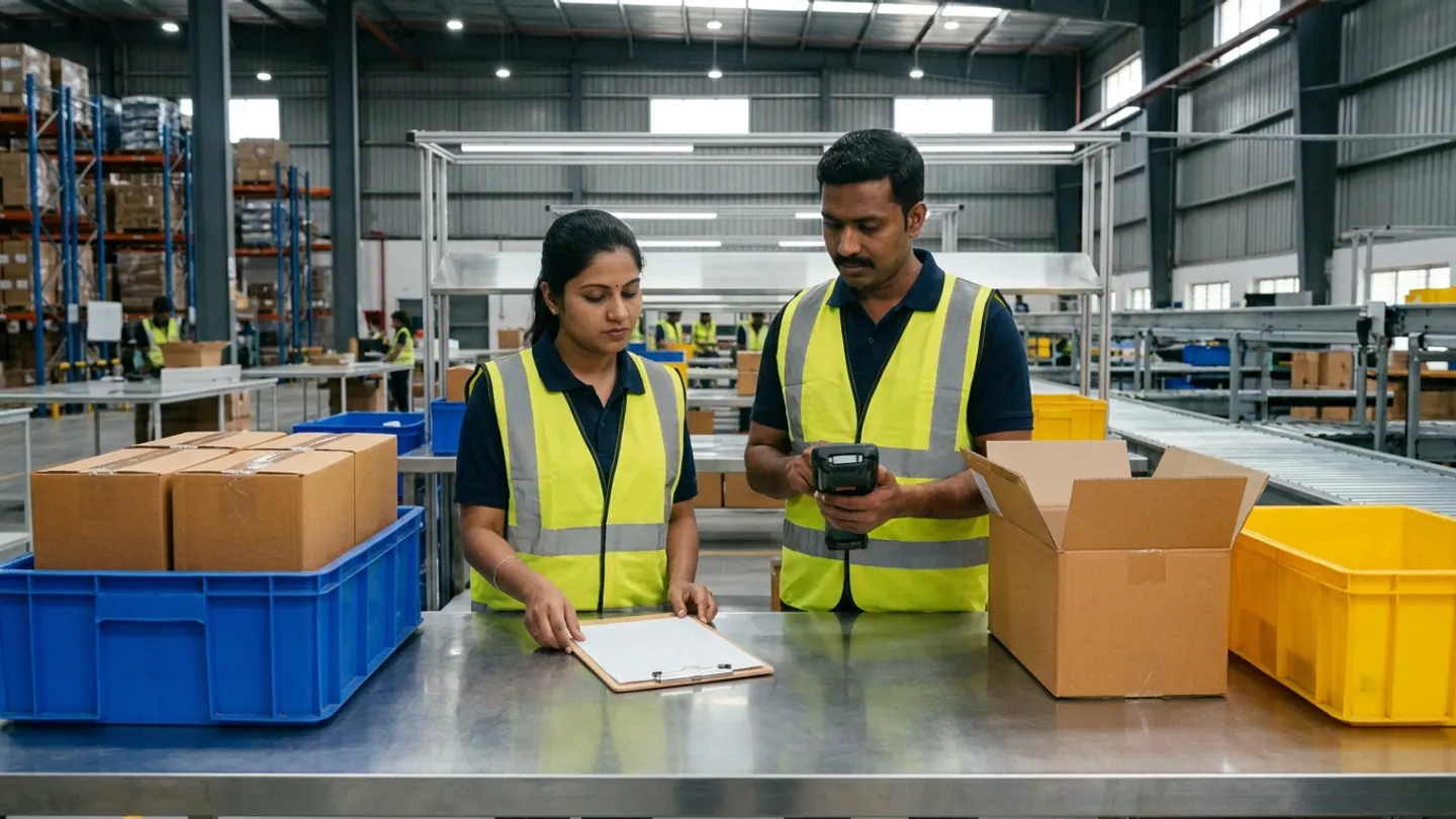 Two returns coordinators in yellow reflective vests at a stainless-steel workbench with a blank ruled clipboard resting between them and a handheld barcode terminal, flanked by sealed brown cartons in a blue plastic tote on the left and an opened brown carton beside a yellow plastic tote on the right.