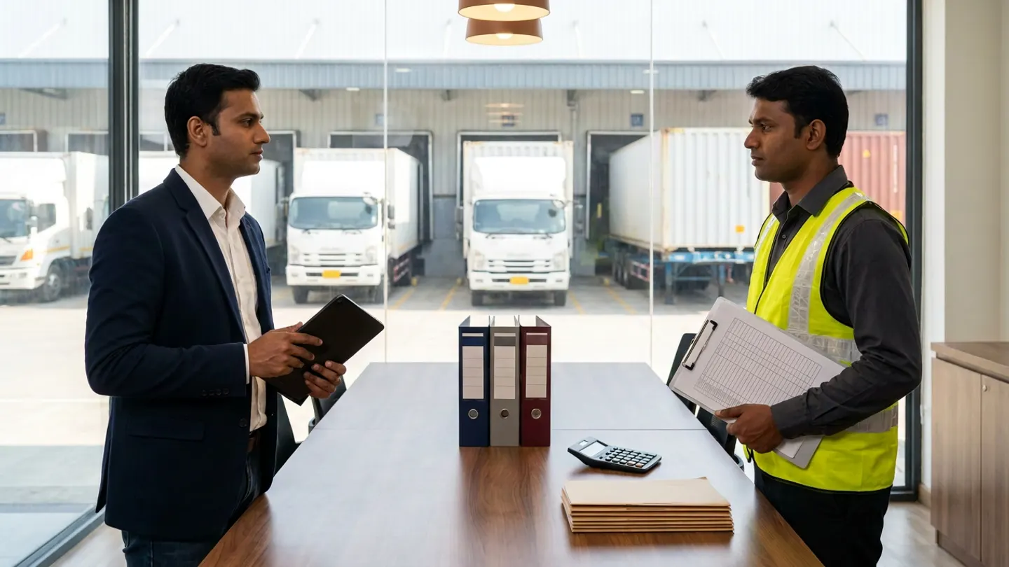 Two logistics finance and transport operations leads in a navy blazer and a yellow reflective vest holding a black digital tablet and a ruled clipboard beside a walnut table with navy, grey, and burgundy binders, a black calculator, and a stack of tan folders overlooking white commercial trucks at loading bays.