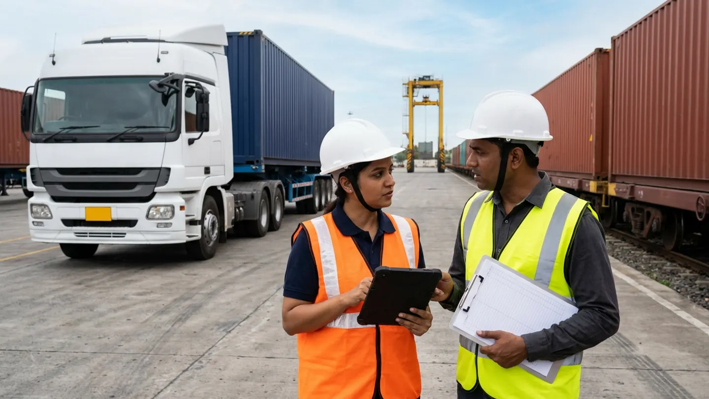 Two transport-planning engineers in white hard hats and orange and yellow reflective vests holding a rugged tablet and a blank ruled clipboard in an intermodal yard between a white tractor truck pulling a navy container and terracotta containers on rail flatcars.