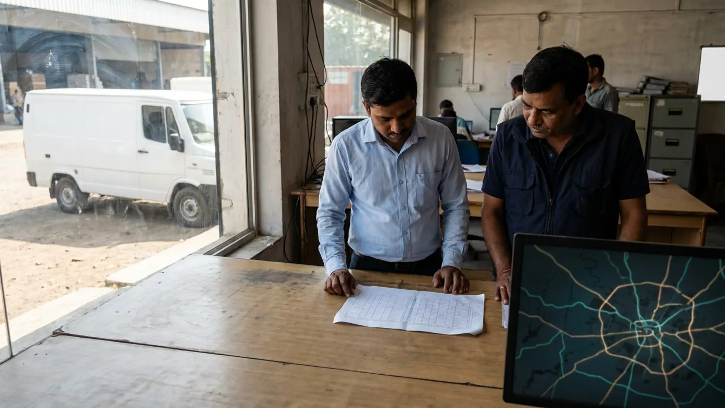 Two transport planning staff standing at a wooden desk reviewing a blank ruled sheet beside an angled monitor showing an abstract road-network diagram, with a white delivery van parked outside the window.