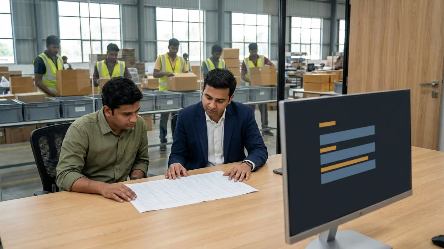Two operations analysts sitting at a wooden desk in a glass-walled office reviewing a blank ruled worksheet beside an angled monitor showing an abstract slate-blue and amber horizontal bar chart, with warehouse staff sorting brown cartons into grey plastic totes behind them.