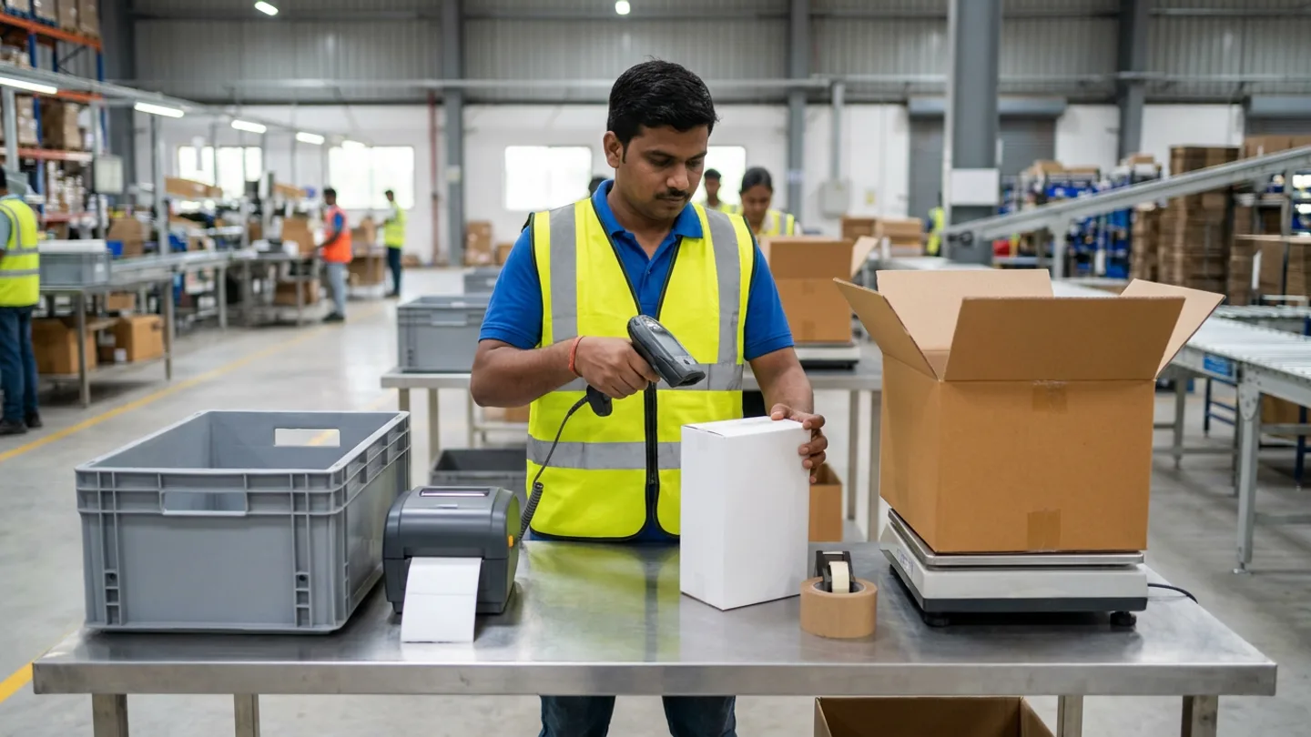 Warehouse operator scanning a plain white box at a packing bench beside a gray tote, label printer, tape roll and an open carton on a parcel scale.