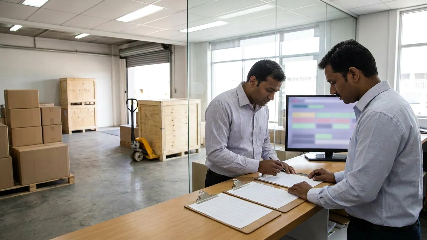 Two trade-documentation staff standing at a wooden counter in a glass-partitioned office reviewing three blank ruled clipboards beside an out-of-focus monitor, with palletised brown cartons, plywood crates, and a yellow pallet jack in the export bay behind them.