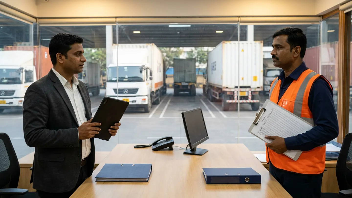 Two freight procurement and dispatch specialists in a charcoal blazer and an orange reflective vest holding a black digital tablet and a ruled clipboard beside a wooden desk with two navy binders, a black desk telephone, and an angled monitor overlooking a truck yard with white commercial trucks.