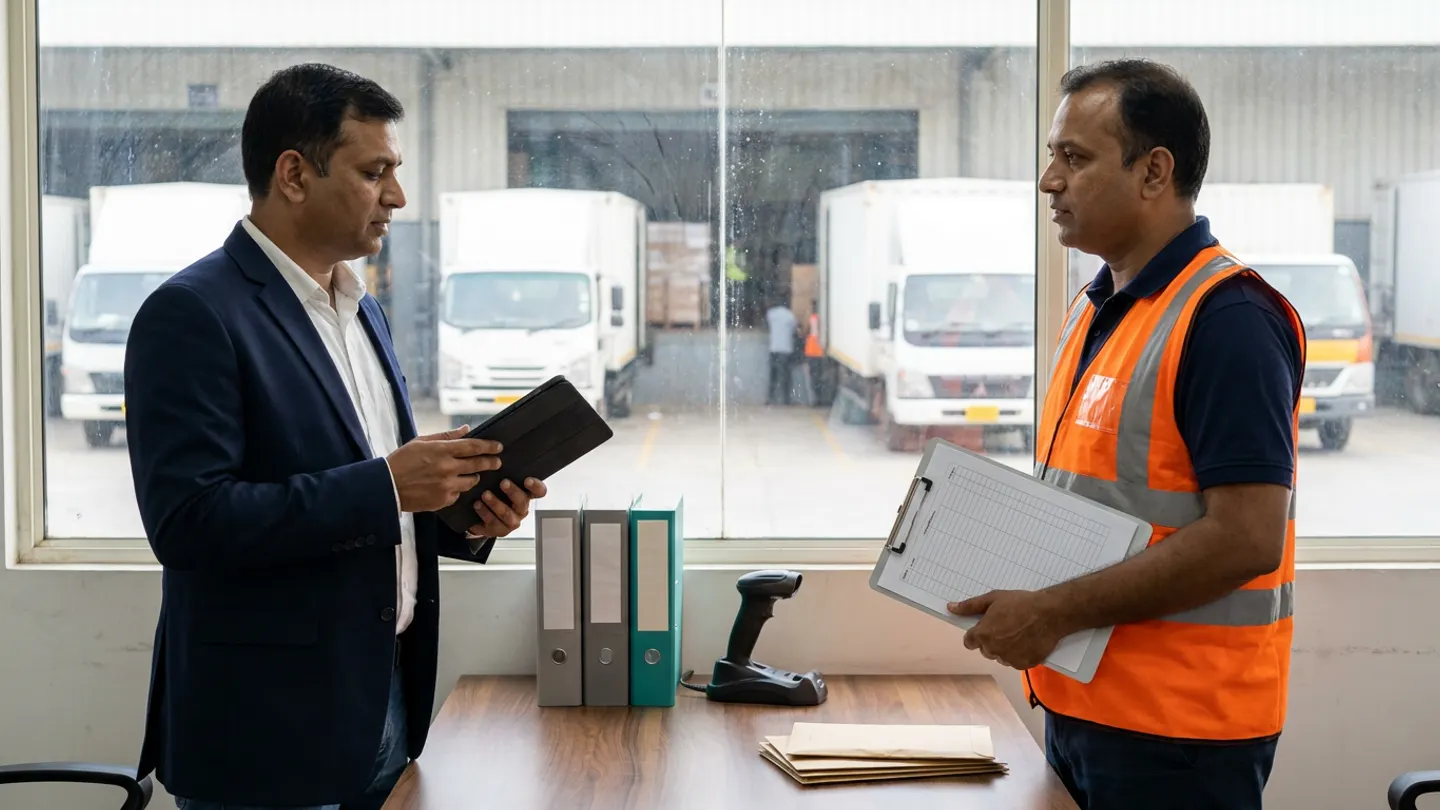 Two logistics operations and customer-visibility leads in a navy blazer and an orange reflective vest holding a black digital tablet and a ruled clipboard beside a walnut desk with grey and teal binders, a black handheld scanner in its dock, and a stack of tan envelopes overlooking white commercial box trucks at loading bays.