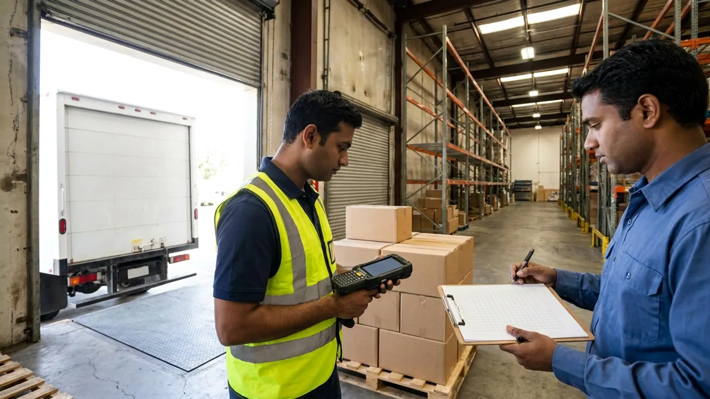 Two receiving staff at an open warehouse loading bay beside a backed-in white box truck and a pallet of brown cartons, one in a yellow reflective vest holding a handheld barcode terminal and the other holding a blank ruled clipboard and pen.