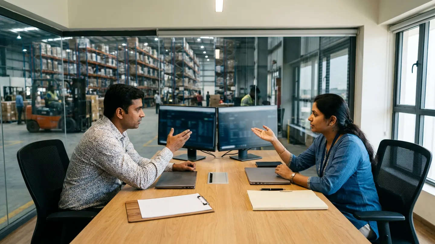 Two supply chain IT and finance staff sitting at a wooden table with two side-by-side out-of-focus monitors, two closed laptops, a blank ruled clipboard, and a plain cream folder, overlooking a warehouse floor with pallet racking and an orange forklift.