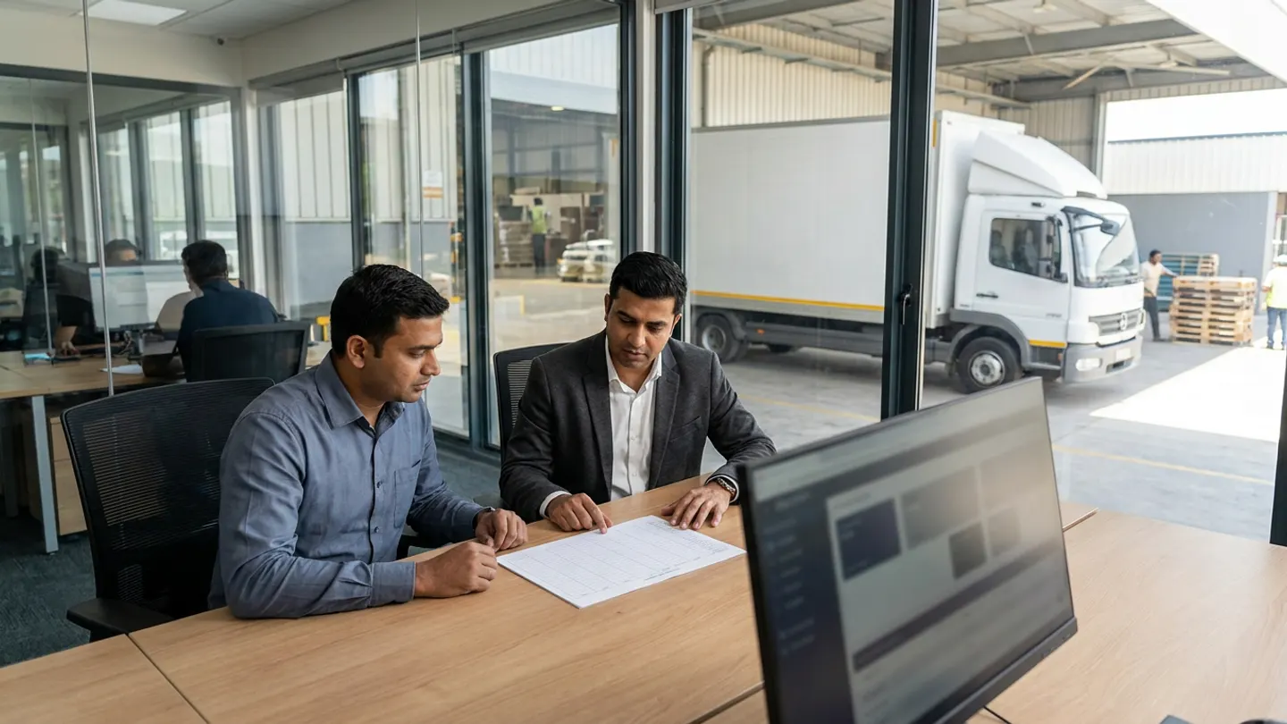 Two logistics analysts sitting at a wooden table in a glass-walled transport office reviewing a blank ruled worksheet beside an out-of-focus desktop monitor, with a white commercial box truck parked in the loading bay outside.