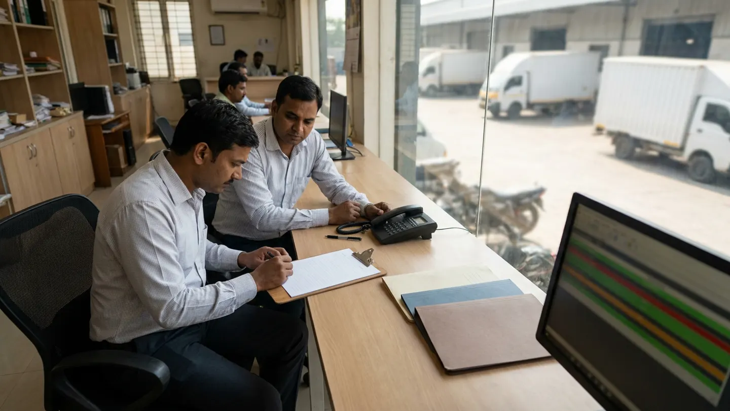 Two transport billing coordinators sitting at a wooden desk with a blank ruled clipboard, three plain cream, blue, and brown folders, a desk phone, and an out-of-focus foreground monitor, with white box trucks in the yard outside.