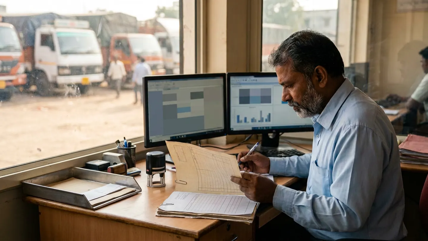 Transport billing coordinator at an office desk overlooking a commercial truck dispatch yard, reviewing a paperclipped tan ruled form packet beside a desk stamp and dual monitors.