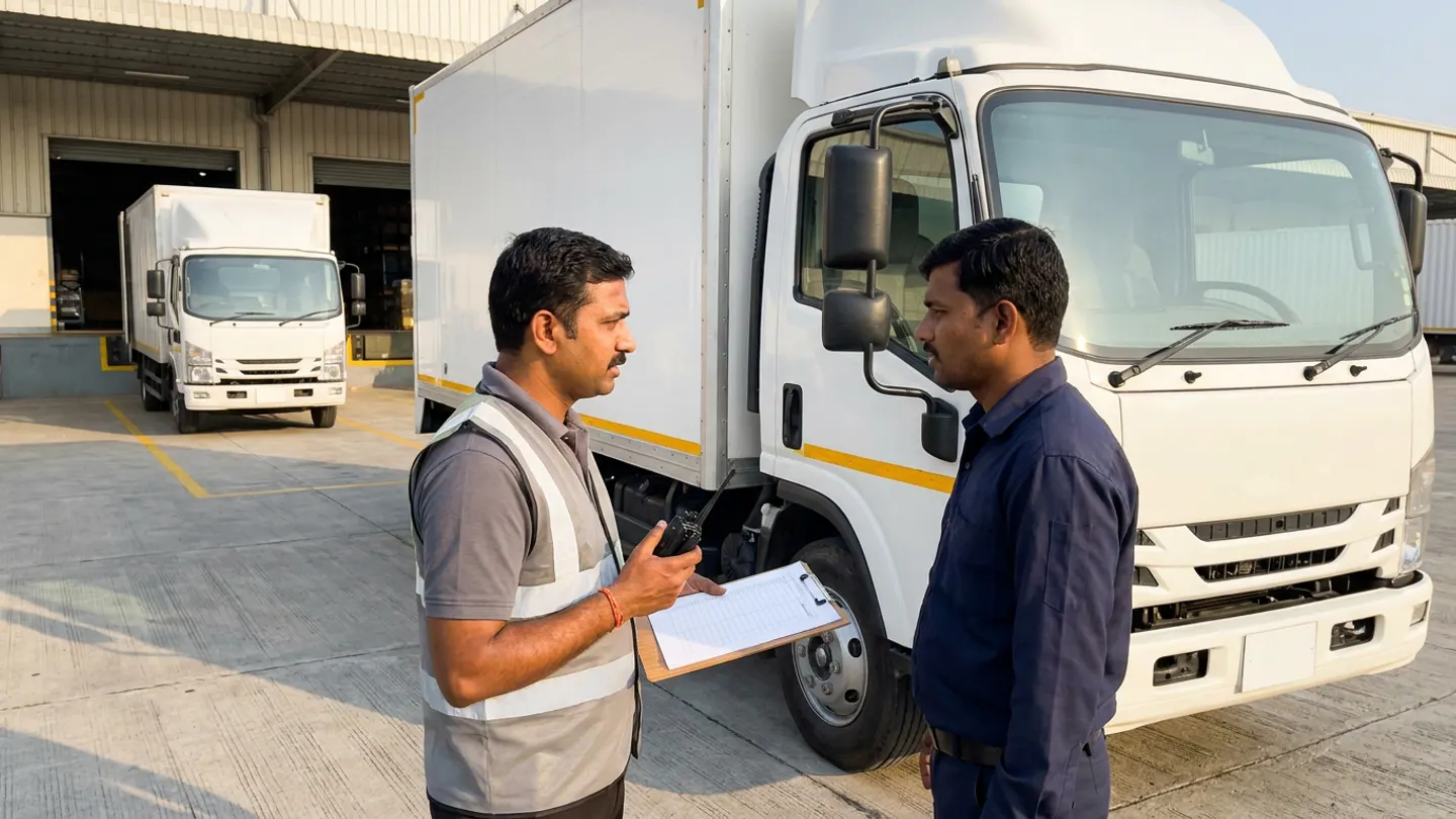 Transport dispatch coordinator in a grey reflective vest holding a two-way radio and a blank ruled clipboard while speaking with a truck driver in a navy shirt beside a white commercial box truck at an outdoor loading yard, with a second white box truck parked in a bay lane behind them.