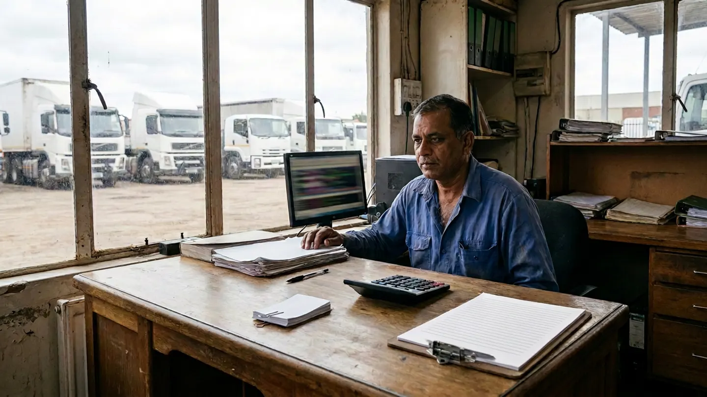 Fleet accounting staff sitting at a wooden desk with a blank ruled clipboard, a desktop calculator, a pen, clipped blank paper slips, and an out-of-focus monitor, with white trucks parked outside the window.